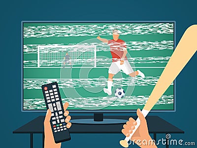 Angered Person Watching Football / Soccer on TV. Bad Signal and Picture. Hand With Control Panel and Baseball Bat. Vector Illustration