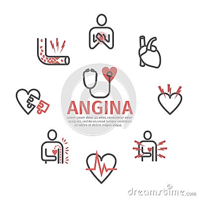 Angina pectoris banner, line icons. Symptoms. Vector signs for web graphics. Vector Illustration