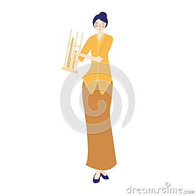 Angklung woman play traditional musical instrument from bamboo, female wearing traditional west java Indonesia costume Vector Illustration