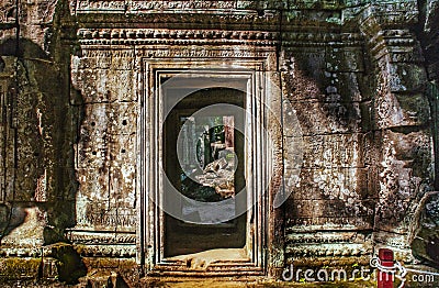 Angkor ruined temple door Stock Photo