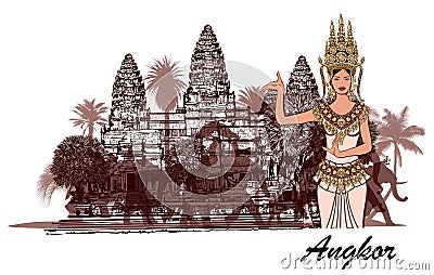 Angkor wat with elephants, palm trees and apasara Vector Illustration