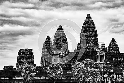 Angkor Wat Temple Spires with dramatic sky in black and white Stock Photo