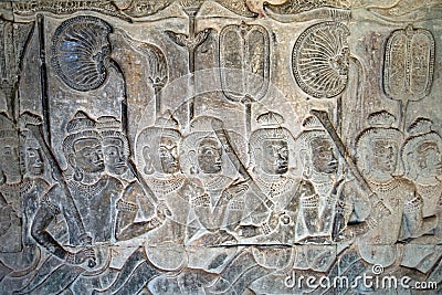 Angkor Wat 12th century bas relief, Yama Judgment, depiction of heaven Stock Photo