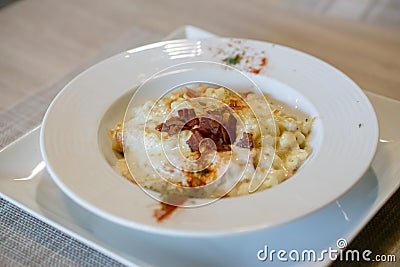 Angle top view of full dish macaroni and cheese. Stock Photo