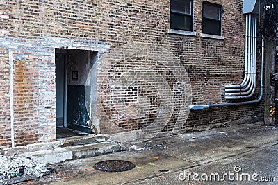 Angle view of back of vintage brick apartment building Stock Photo