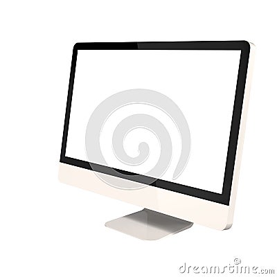 Angle View of Blank PC Monitor Isolated on White Background. 3D Render of White Modern Sleek Screen. Stock Photo