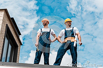 Angle view of handsome handymen standing with hands on hips Stock Photo