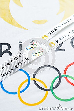 angle view strap and T shirt printed with Paris Olympic Games 2024 logo Editorial Stock Photo