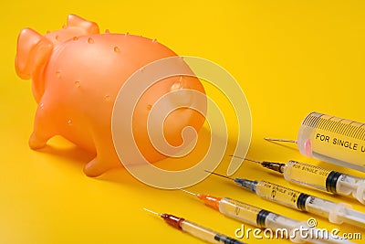 Angle view syringes with swine on yellow background concept of african swine fever Stock Photo
