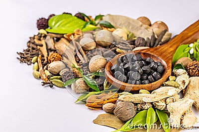 Angled close-up shot of black herbal tablets in a wooden spoon with scattered herbs and spices on a white background Stock Photo