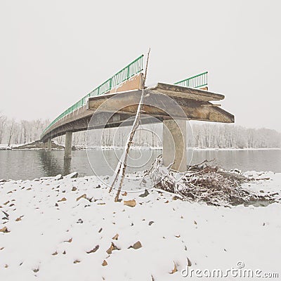 Angled View of a Damaged Bridge Stock Photo