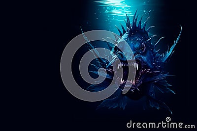 Angler fish on background of dark blue water realistic illustration art. Cartoon Illustration