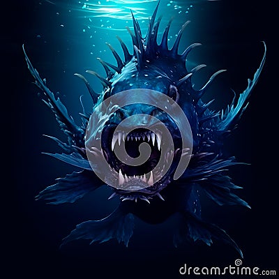 Angler fish on background of dark blue water realistic illustration art. Cartoon Illustration