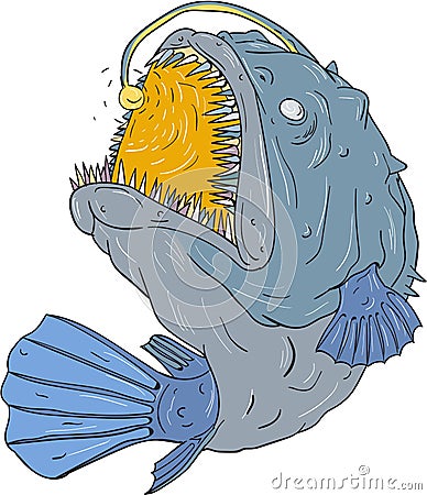 Anglerfish Swooping up Lure Drawing Vector Illustration