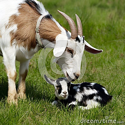 Anglo Nubian goat cares for her baby in farm setting Stock Photo