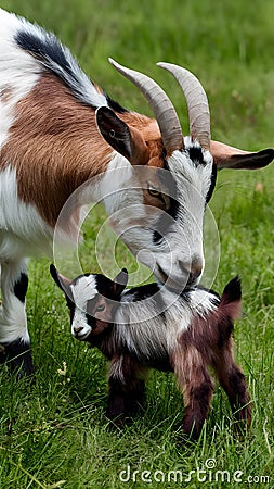 Anglo Nubian goat cares for her baby in farm setting Stock Photo