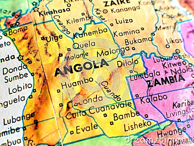 Angola Africa focus macro shot on globe map for travel blogs, social media, website banners and backgrounds. Stock Photo