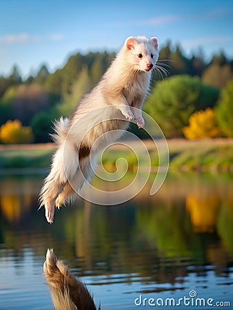 Angora Ferret rodent jumps lake Stock Photo