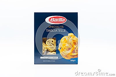 Angri, Italy. September 2th, 2020. Pack of Italian tagliatelle pasta noodles in cardboard package isolated on white background Editorial Stock Photo