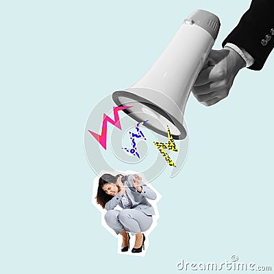 Angry abstract boss screaming in megaphone to the manager. Stock Photo