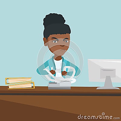 Angry african accountant tearing bills or invoices Vector Illustration