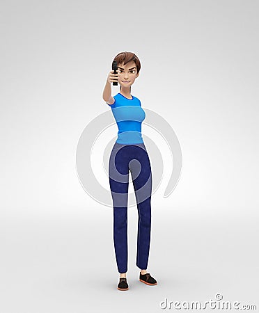 Angry and Aggressive Bad Jenny - 3D Cartoon Female Character Model - Armed and Dangerous Criminal Threatening with Gun Stock Photo