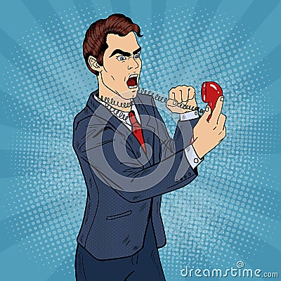 Angry Aggressive Business Man Screaming in Phone. Pop Art Vector Illustration