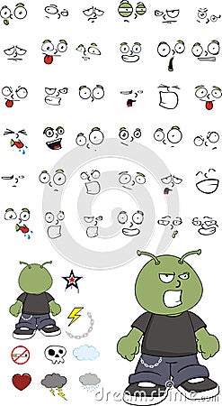 Angry alien kid cartoon expressions set Vector Illustration