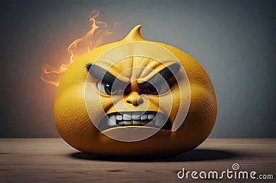 Angry angry fluffy yellow emoticon on blurred background. Cartoon Illustration