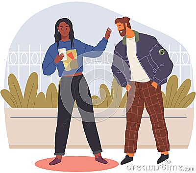 Angry, arguing couple of people shouting. Husband and wife with phone blaming each other of problem Vector Illustration