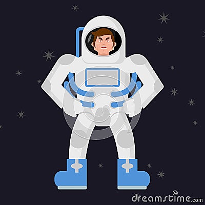 Angry Astronaut. Cosmonaut disgruntled. Aggressive man in space Vector Illustration