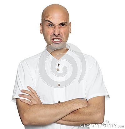 Angry bald man in bad mood Stock Photo