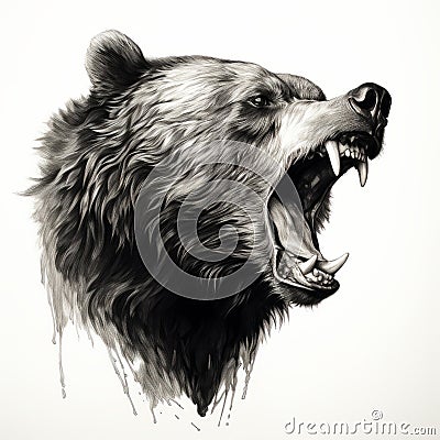 Aggressive Grizzly Bear Mouth Drawing In Black And White Cartoon Illustration