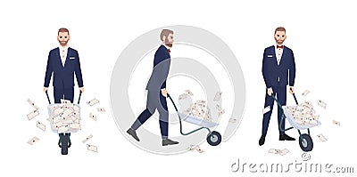 Angry bearded man dressed in elegant formal suit carrying wheelbarrow full of letters in envelopes. Male cartoon Vector Illustration