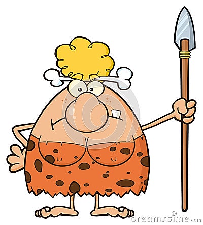 Angry Blonde Cave Woman Cartoon Mascot Character Standing With A Spear Vector Illustration