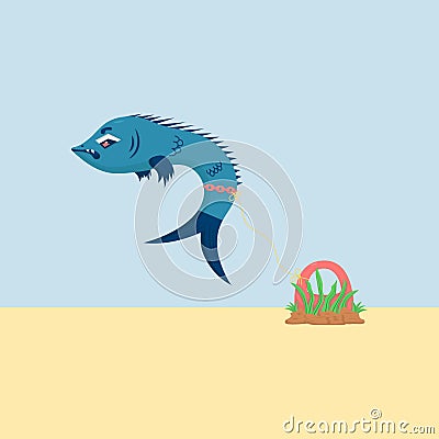 Angry blue fish tied to a kettlebell Vector Illustration