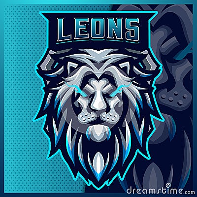 Lion mascot esport logo design illustrations vector template, Blue Lion logo for team game streamer youtuber banner twitch discord Vector Illustration