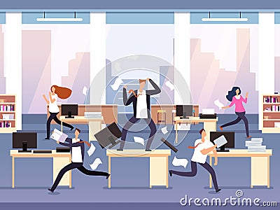 Angry boss. Chaos in office with employees in panic. Businessman in stress and deadline vector concept Vector Illustration