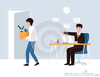 Angry boss dismisses employee concept cabinet Vector Illustration