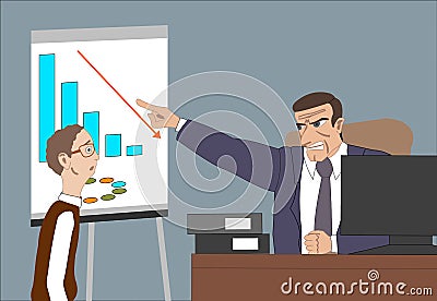 Angry boss with employee. Director worries about poor results and and point at diagram at flipchart in the office. Vector Illustration