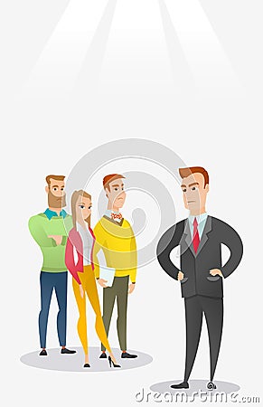 Angry boss with employees during meeting. Vector Illustration