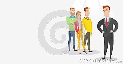 Angry boss with employees during meeting. Vector Illustration