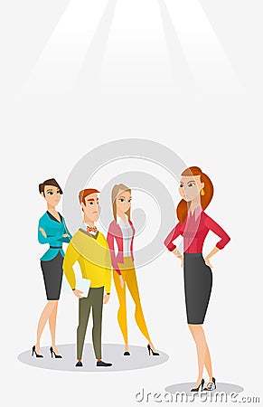 Angry boss with employees during meeting. Vector Illustration