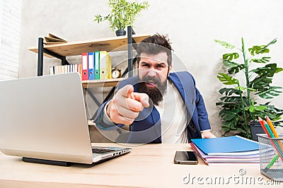 Angry boss. feeling so angry. Angry businessman. Furious mature man pointing finger on you. Blaming each other. Brutal Stock Photo