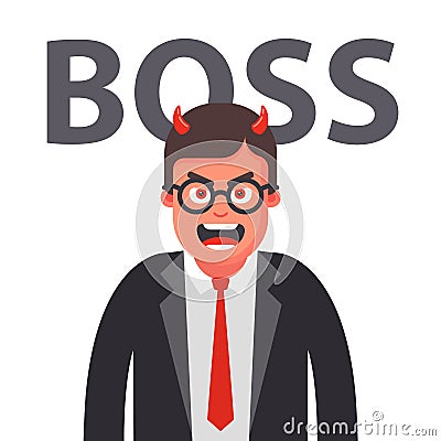 Angry boss with horns. displeased face of a man in a suit. Vector Illustration