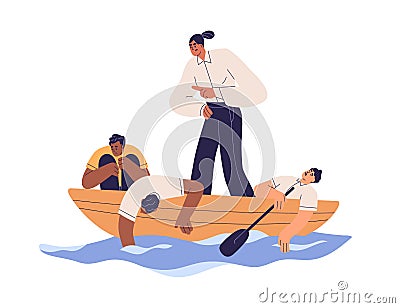 Angry boss hurrying tired exhausted employees. Overworked burnout unmotivated workers in business boat. Bad management Vector Illustration