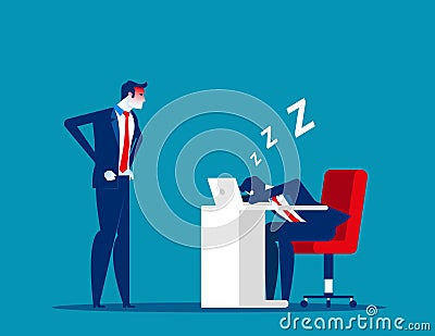 Angry boss looking office worker relaxing at desk during work. Tired asleep on a workplace. Concept business lazy employee vector Vector Illustration