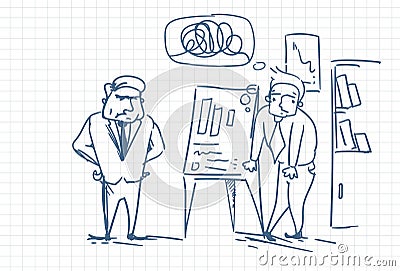 Angry Boss Looking At Report Or Sales Results On Clip Board During Business Man Presentation Doodle Vector Illustration