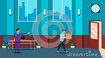 Angry boss pointing finger at door fired employee with paper documents box. Upset employee is going to exit. Vector Illustration