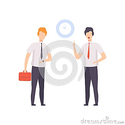 Angry boss pointing to time on the clock to employee who came to work late vector Illustration on a white background Vector Illustration